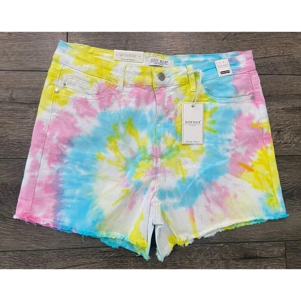NWT Judy Blue Shorts Denim Jean High Waist Tie Dye Blue Pink Yellow XL New